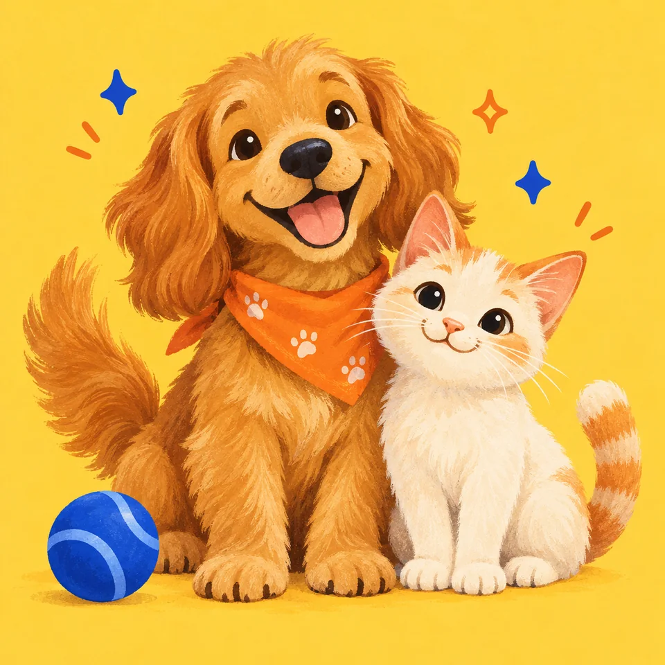 Ilustração de um cachorrinho de bandana e um gatinho brincando juntos